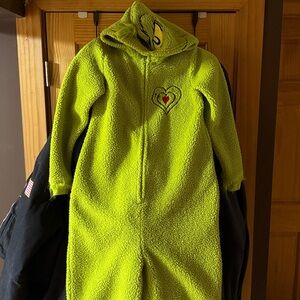 Green Fuzzy Grinch Onsie with hood.